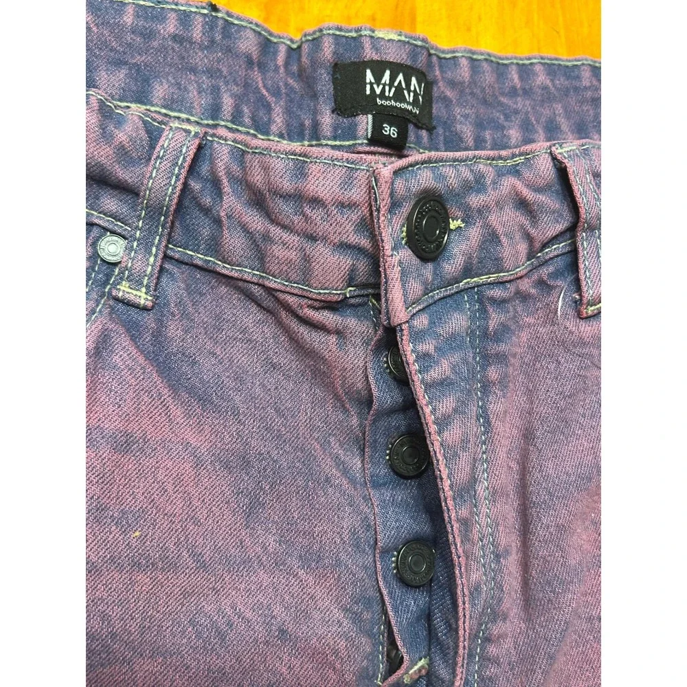 boohooMAN Mens Y2K‎ Grunge Relaxed Rigid Tinted Jeans Pink Purple Ripped Knee